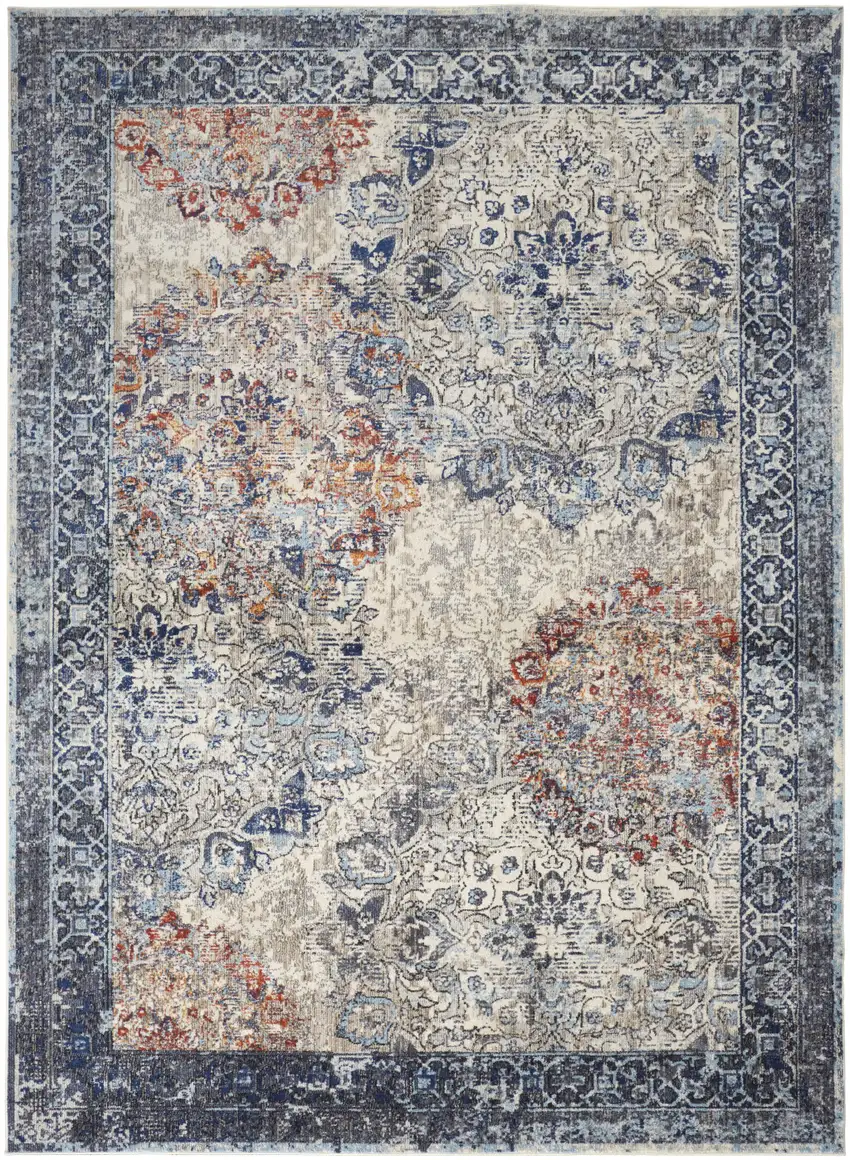 Blue Ivory And Red Floral Power Loom Distressed Stain Resistant Area Rug Photo 1