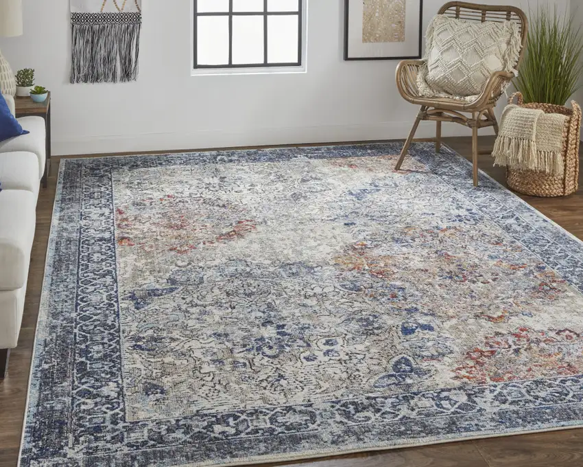 Blue Ivory And Red Floral Power Loom Distressed Stain Resistant Area Rug Photo 7