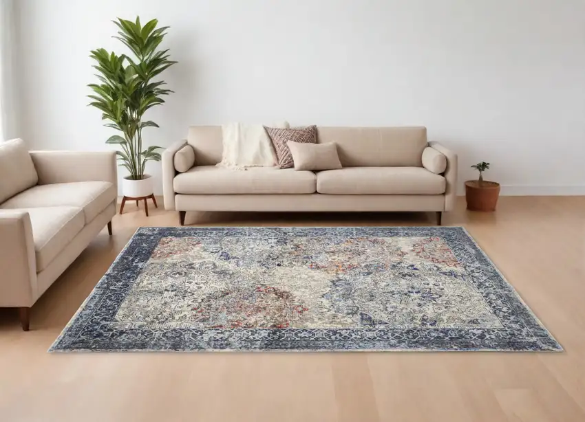 Blue Ivory And Red Floral Power Loom Distressed Stain Resistant Area Rug Photo 1