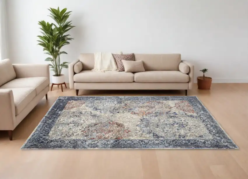Blue Ivory And Red Floral Power Loom Distressed Stain Resistant Area Rug Photo 2