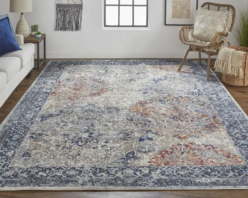 Blue Ivory And Red Floral Power Loom Distressed Stain Resistant Area Rug Photo 2