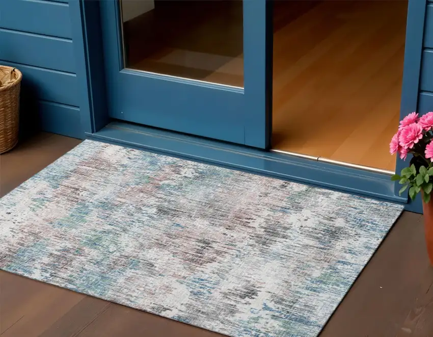 Blue Ivory And Sage Abstract Washable Indoor Outdoor Area Rug Photo 1