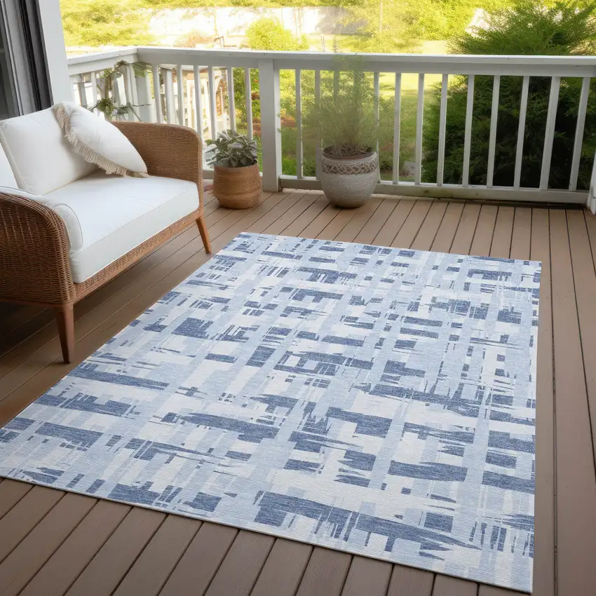Blue Ivory And Sky Blue Striped Washable Indoor Outdoor Area Rug Photo 5