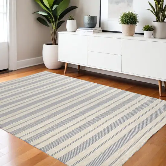 Blue and Ivory Striped Hand Woven Area Rug Photo 1