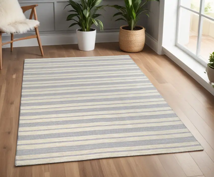 Blue and Ivory Striped Hand Woven Area Rug Photo 1