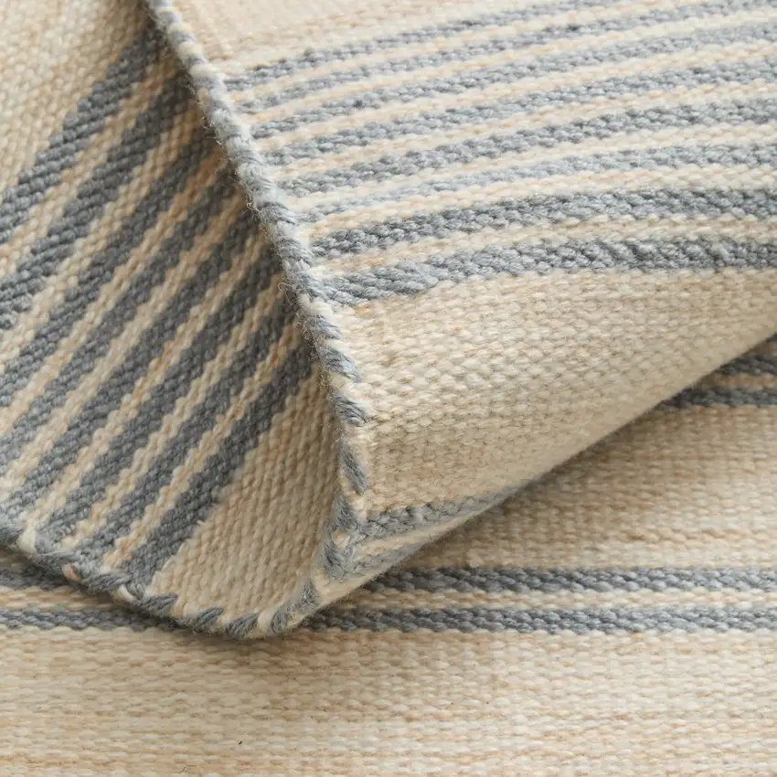 Blue Ivory And Tan Striped Dhurrie Hand Woven Stain Resistant Area Rug Photo 9