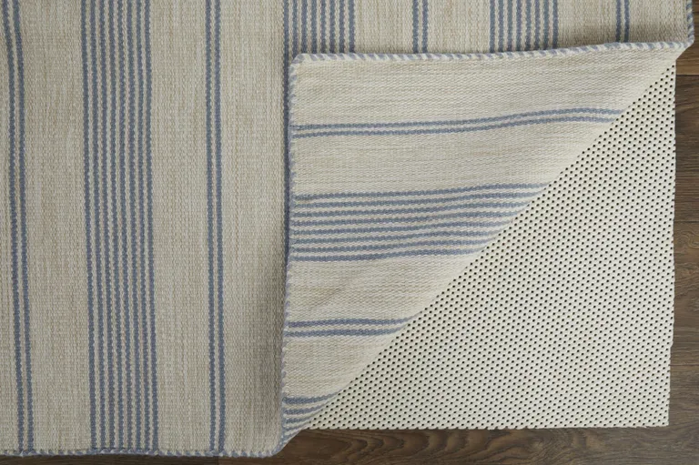 Blue Ivory And Tan Striped Dhurrie Hand Woven Stain Resistant Area Rug Photo 5