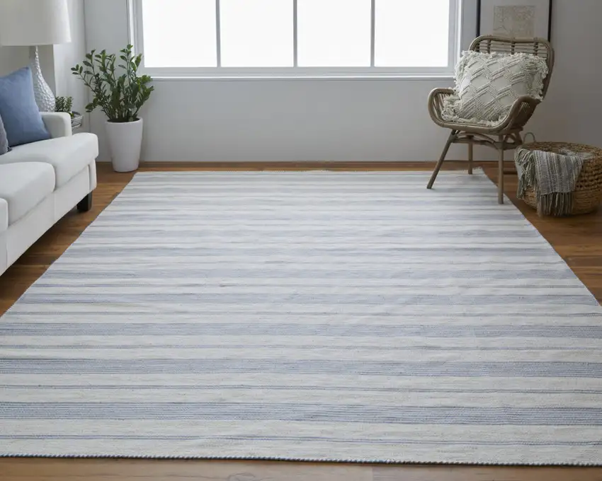 Blue Ivory And Tan Striped Dhurrie Hand Woven Stain Resistant Area Rug Photo 7