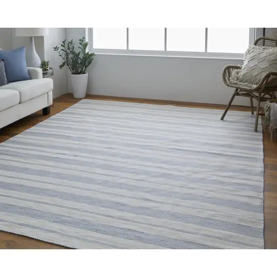 Blue Ivory And Tan Striped Dhurrie Hand Woven Stain Resistant Area Rug Photo 6