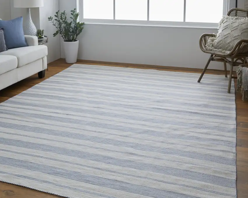 Blue Ivory And Tan Striped Dhurrie Hand Woven Stain Resistant Area Rug Photo 6
