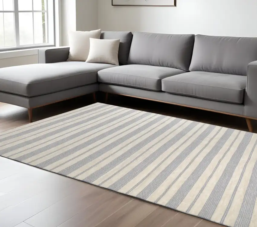 Blue Ivory And Tan Striped Dhurrie Hand Woven Stain Resistant Area Rug Photo 1