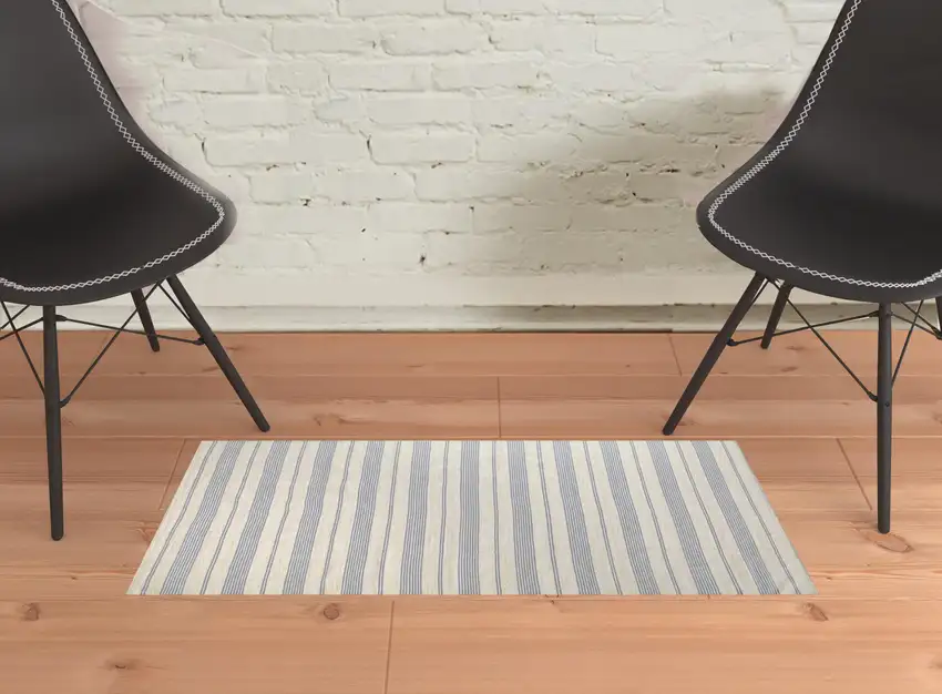 Blue Ivory And Tan Striped Dhurrie Hand Woven Stain Resistant Area Rug Photo 2