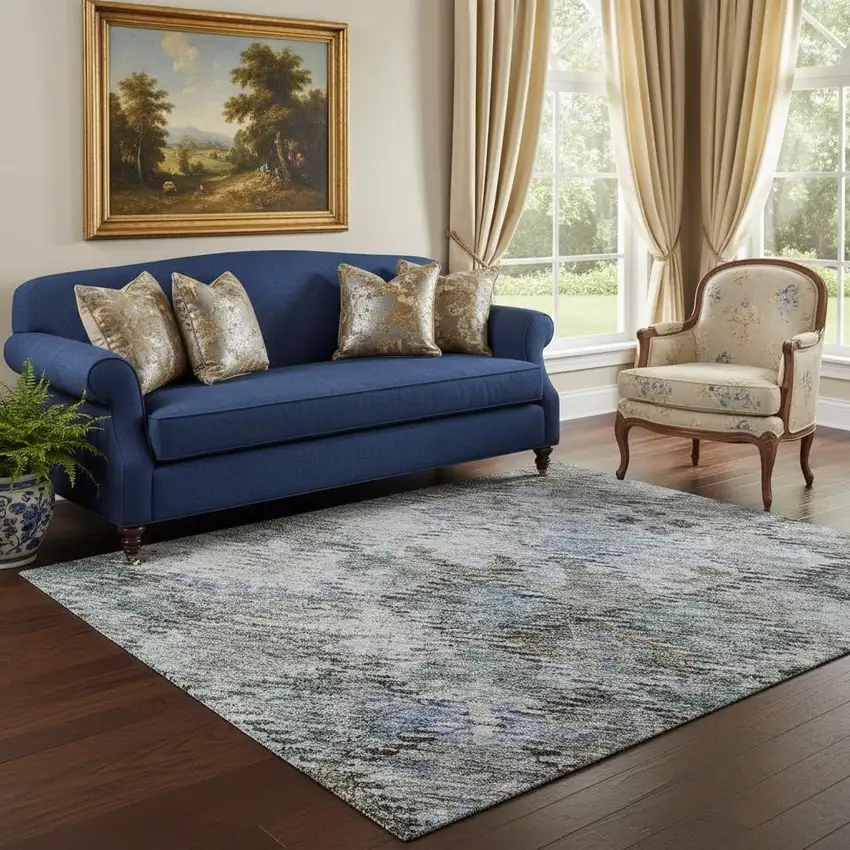 Blue Ivory And Taupe Abstract Geometric Washable Area Rug With UV Protection Photo 2