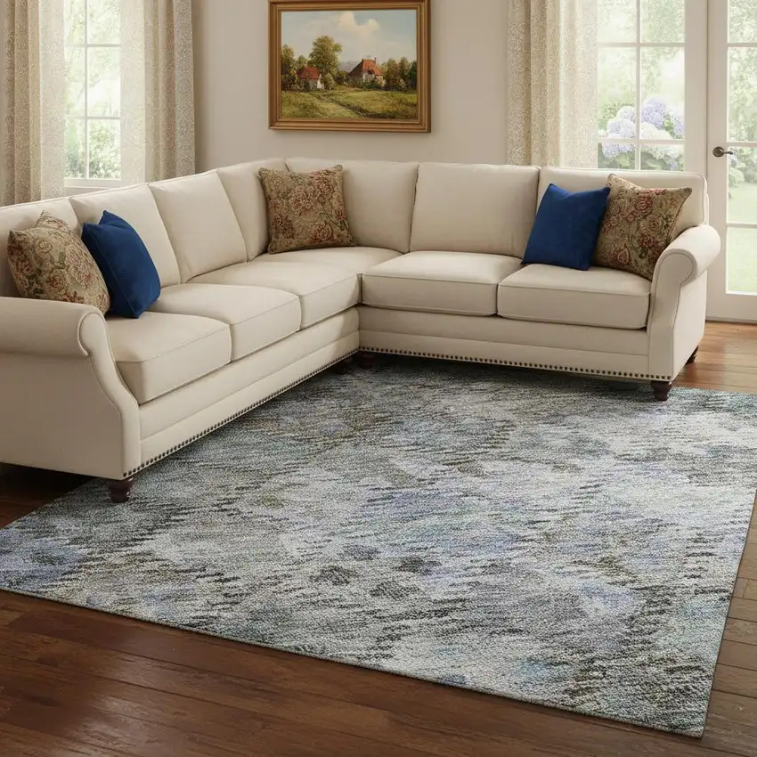 Blue Ivory And Taupe Abstract Geometric Washable Area Rug With UV Protection Photo 2