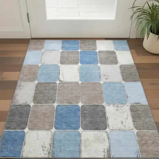 Blue Ivory And Taupe Geometric Washable Area Rug With UV Protection Photo 1