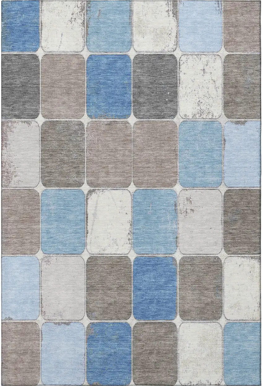 Blue Ivory And Taupe Geometric Washable Area Rug With UV Protection Photo 4