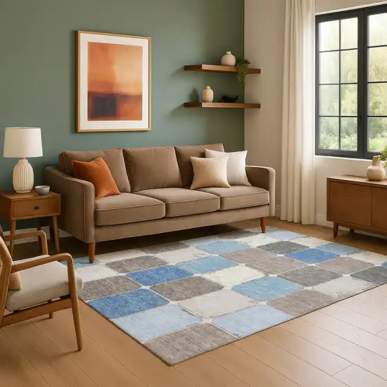 Blue Ivory And Taupe Geometric Washable Area Rug With UV Protection Photo 6