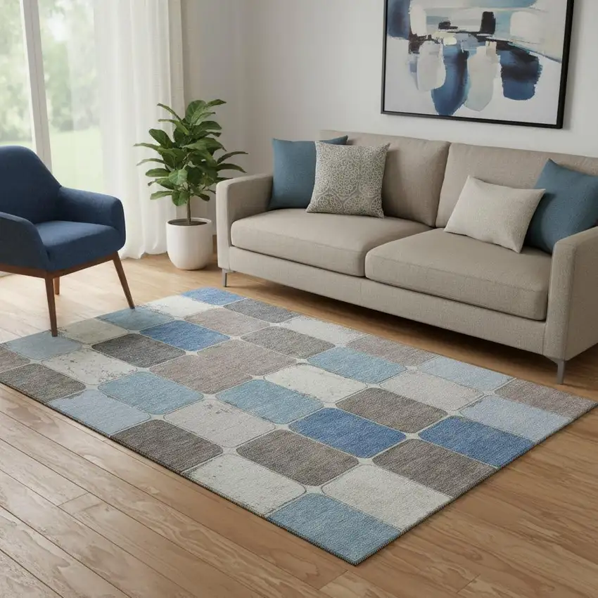 Blue Ivory And Taupe Geometric Washable Area Rug With UV Protection Photo 2