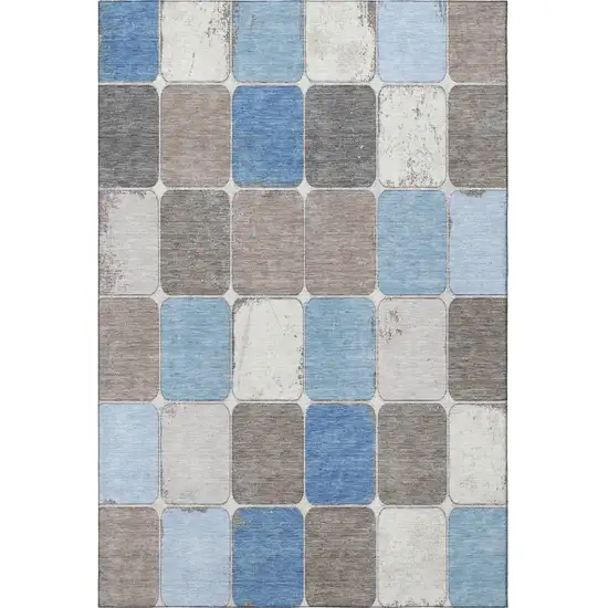 Blue Ivory And Taupe Geometric Washable Area Rug With UV Protection Photo 4