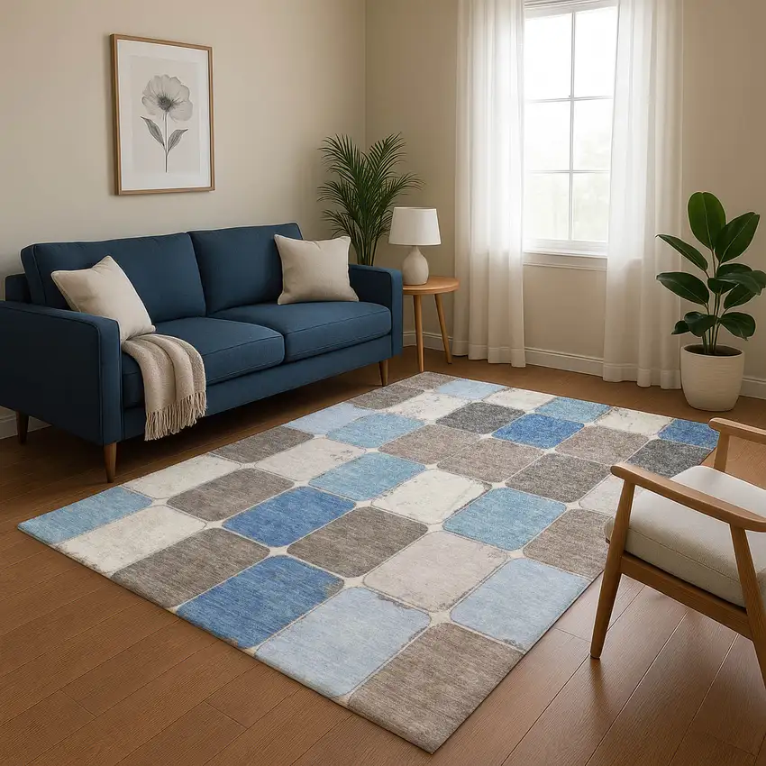 Blue Ivory And Taupe Geometric Washable Area Rug With UV Protection Photo 5