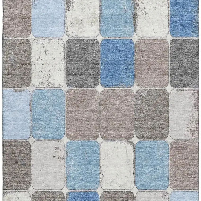 Blue Ivory And Taupe Geometric Washable Area Rug With UV Protection Photo 3