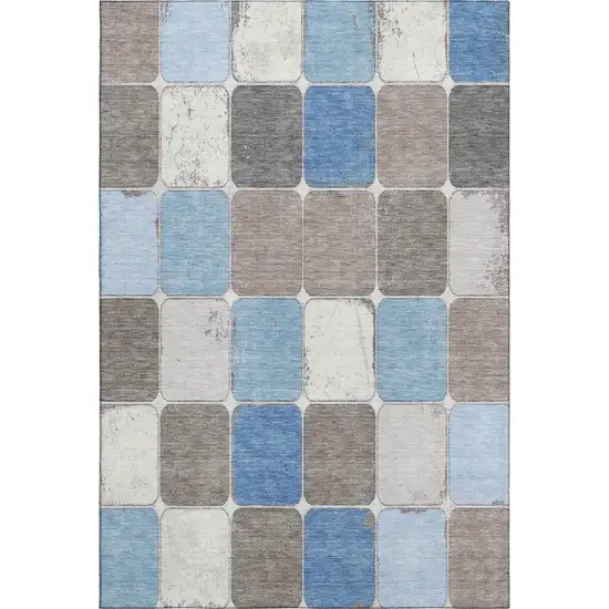 Blue Ivory And Taupe Geometric Washable Area Rug With UV Protection Photo 1