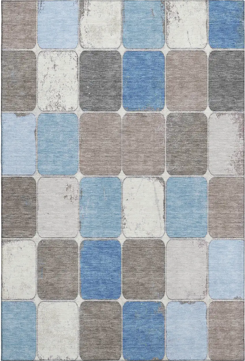 Blue Ivory And Taupe Geometric Washable Area Rug With UV Protection Photo 1