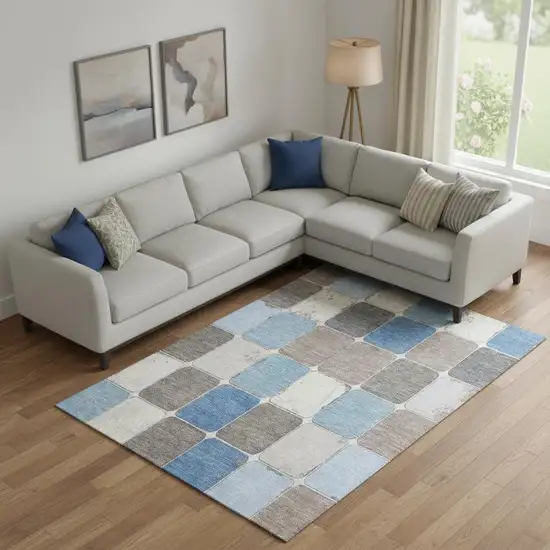 Blue Ivory And Taupe Geometric Washable Area Rug With UV Protection Photo 2