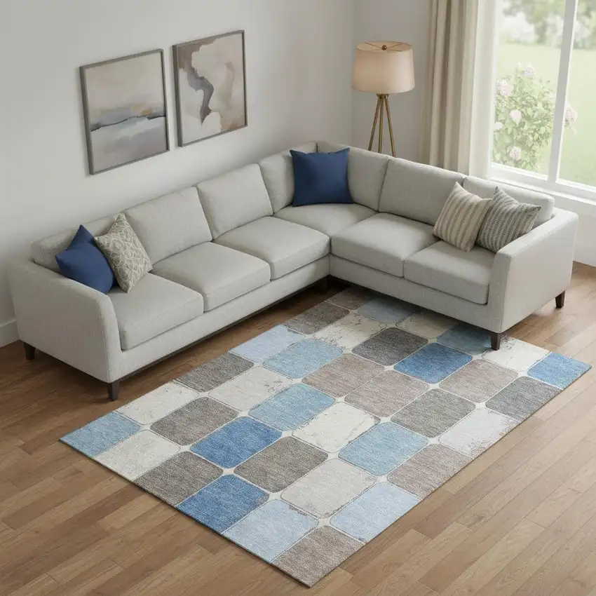 Blue Ivory And Taupe Geometric Washable Area Rug With UV Protection Photo 2