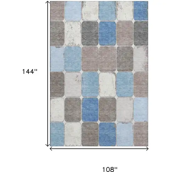 Blue Ivory And Taupe Geometric Washable Area Rug With UV Protection Photo 9