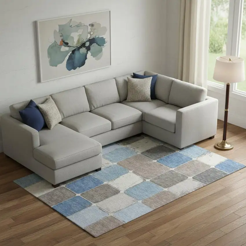 Blue Ivory And Taupe Geometric Washable Area Rug With UV Protection Photo 2