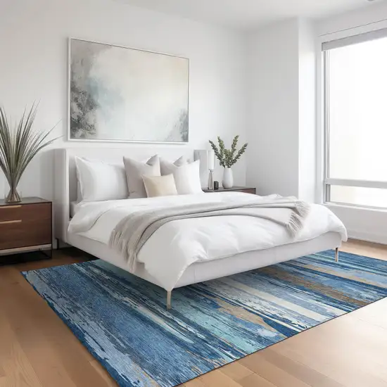 Blue Ivory And Taupe Striped Washable Indoor Outdoor Area Rug Photo 9