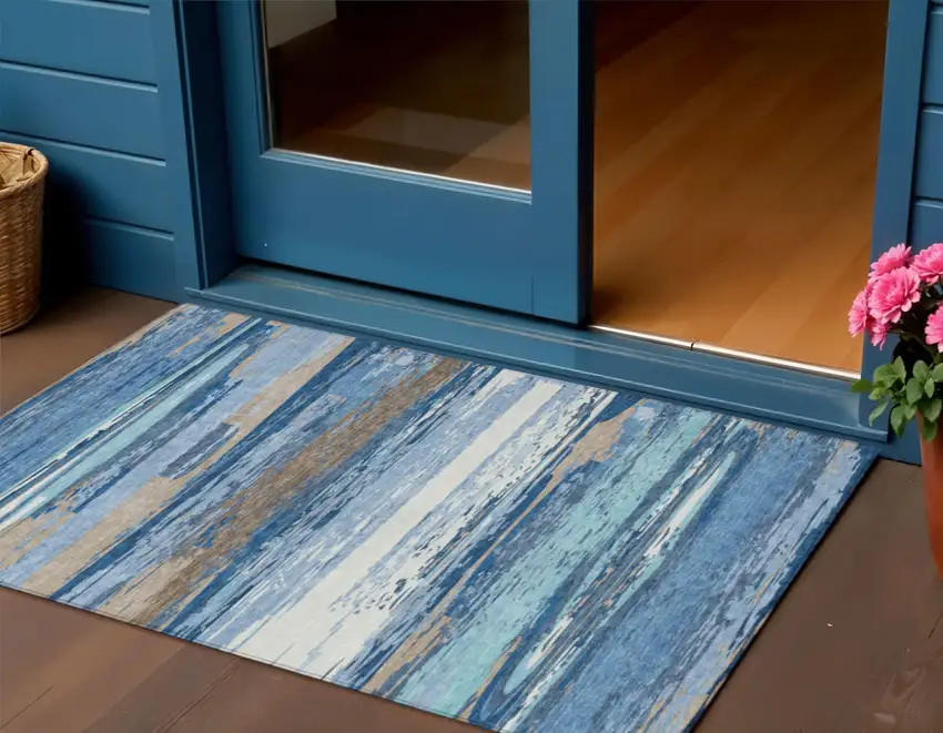 Blue Ivory And Taupe Striped Washable Indoor Outdoor Area Rug Photo 1