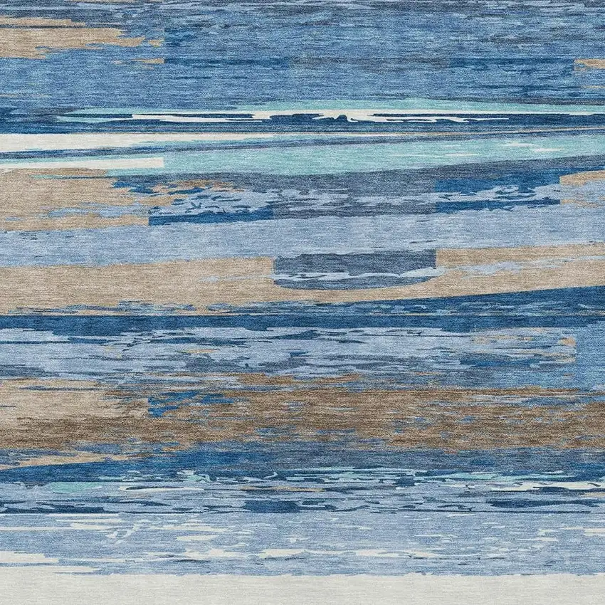 Blue Ivory And Taupe Striped Washable Indoor Outdoor Area Rug Photo 7