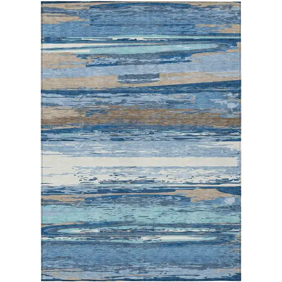 Blue Ivory And Taupe Striped Washable Indoor Outdoor Area Rug Photo 4
