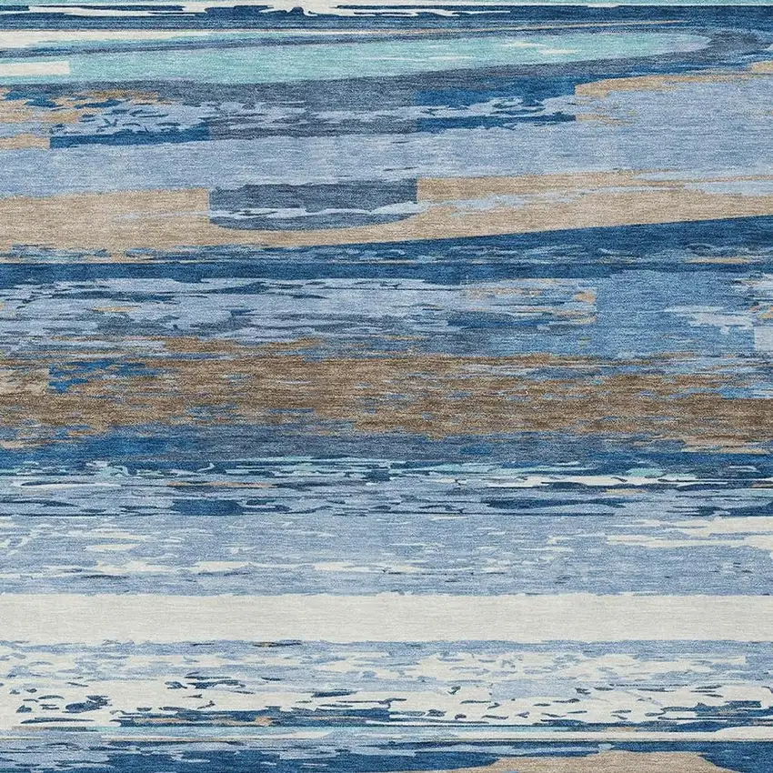 Blue Ivory And Taupe Striped Washable Indoor Outdoor Area Rug Photo 7