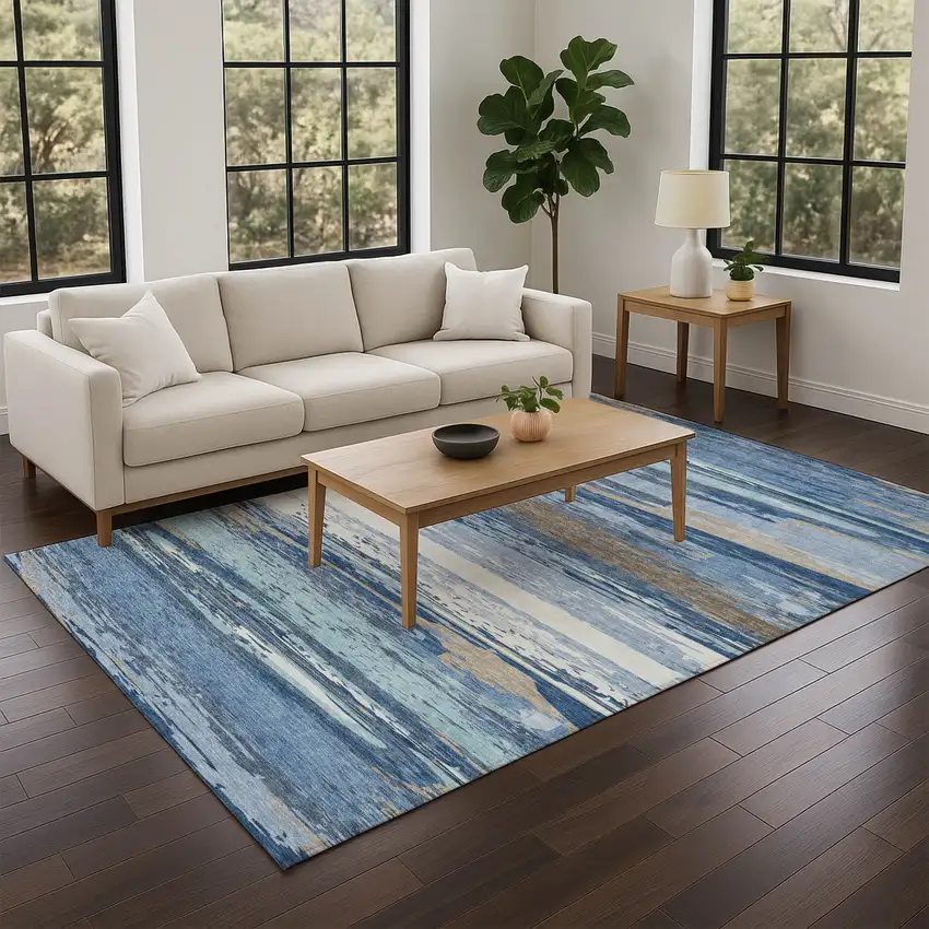 Blue Ivory And Taupe Striped Washable Indoor Outdoor Area Rug Photo 8
