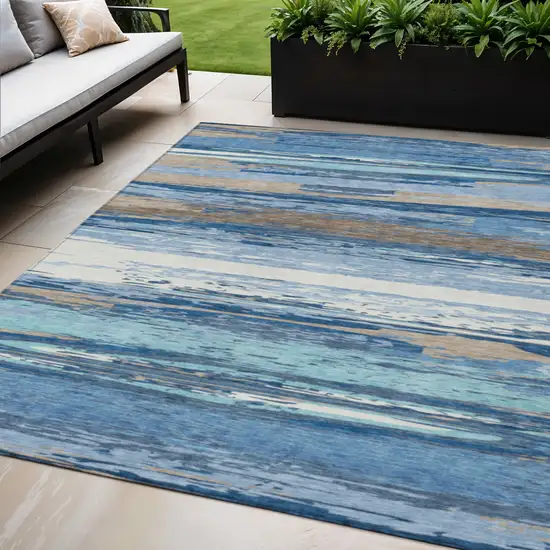 Blue Ivory And Taupe Striped Washable Indoor Outdoor Area Rug Photo 1
