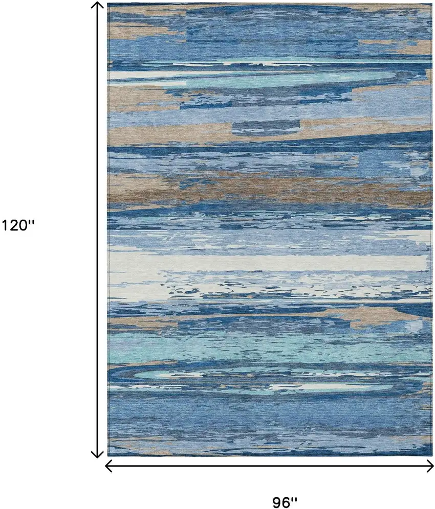 Blue Ivory And Taupe Striped Washable Indoor Outdoor Area Rug Photo 3