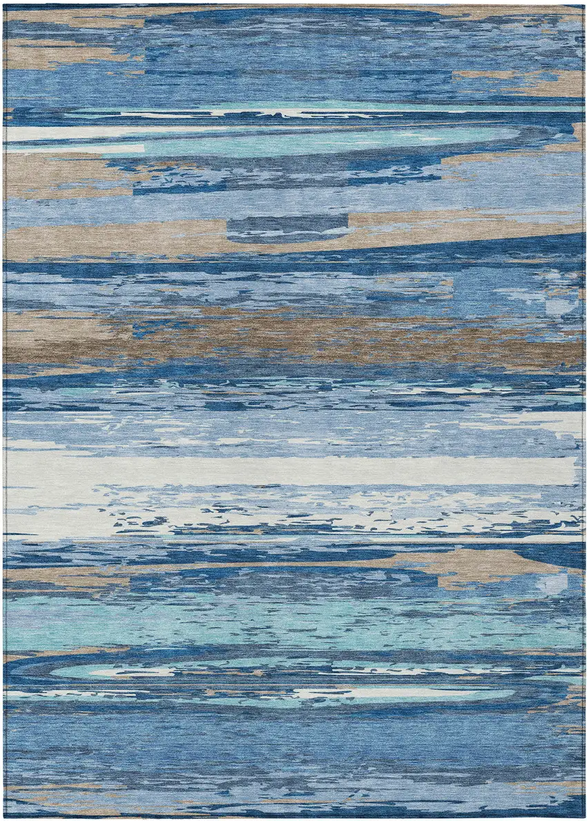 Blue Ivory And Taupe Striped Washable Indoor Outdoor Area Rug Photo 4