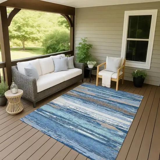 Blue Ivory And Taupe Striped Washable Indoor Outdoor Area Rug Photo 9