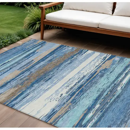 Blue Ivory And Taupe Striped Washable Indoor Outdoor Area Rug Photo 1