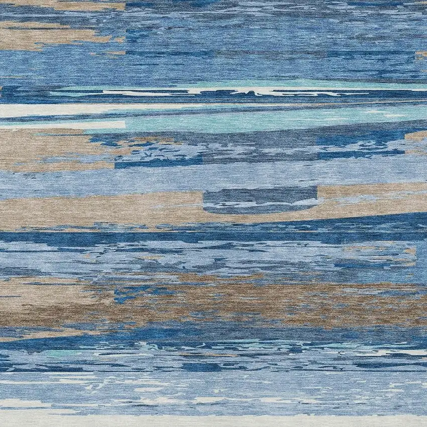 Blue Ivory And Taupe Striped Washable Indoor Outdoor Area Rug Photo 8