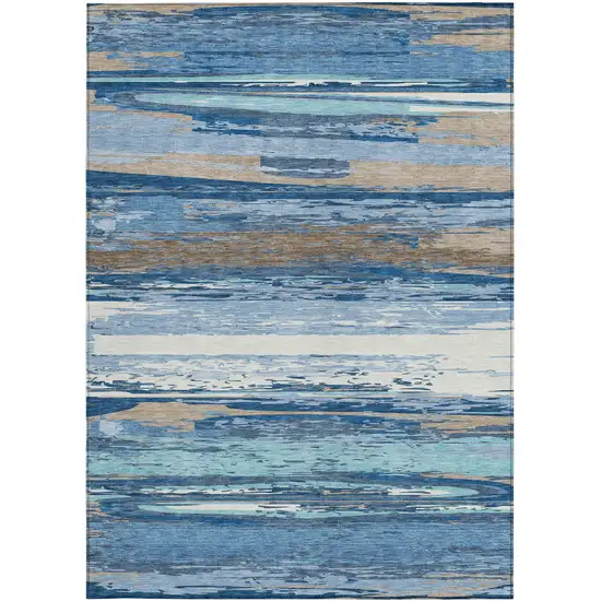 Blue Ivory And Taupe Striped Washable Indoor Outdoor Area Rug Photo 5