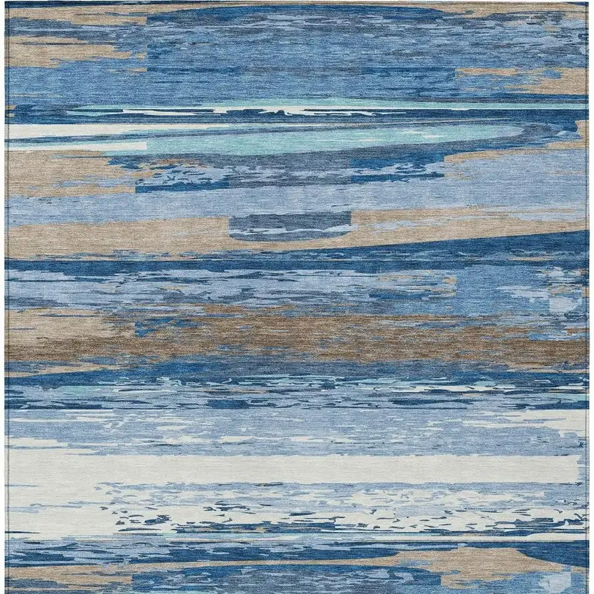 Blue Ivory And Taupe Striped Washable Indoor Outdoor Area Rug Photo 5