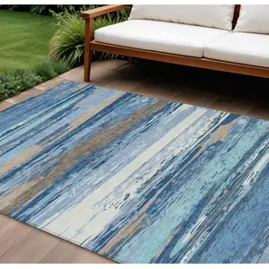 Photo of Blue Ivory And Taupe Striped Washable Indoor Outdoor Area Rug
