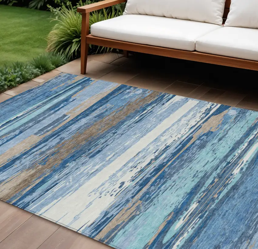 Blue Ivory And Taupe Striped Washable Indoor Outdoor Area Rug Photo 1
