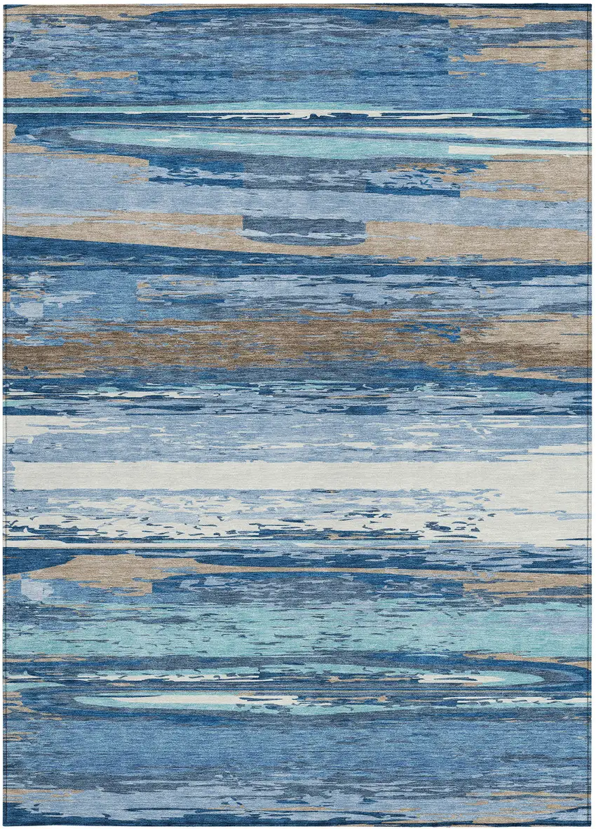 Blue Ivory And Taupe Striped Washable Indoor Outdoor Area Rug Photo 4