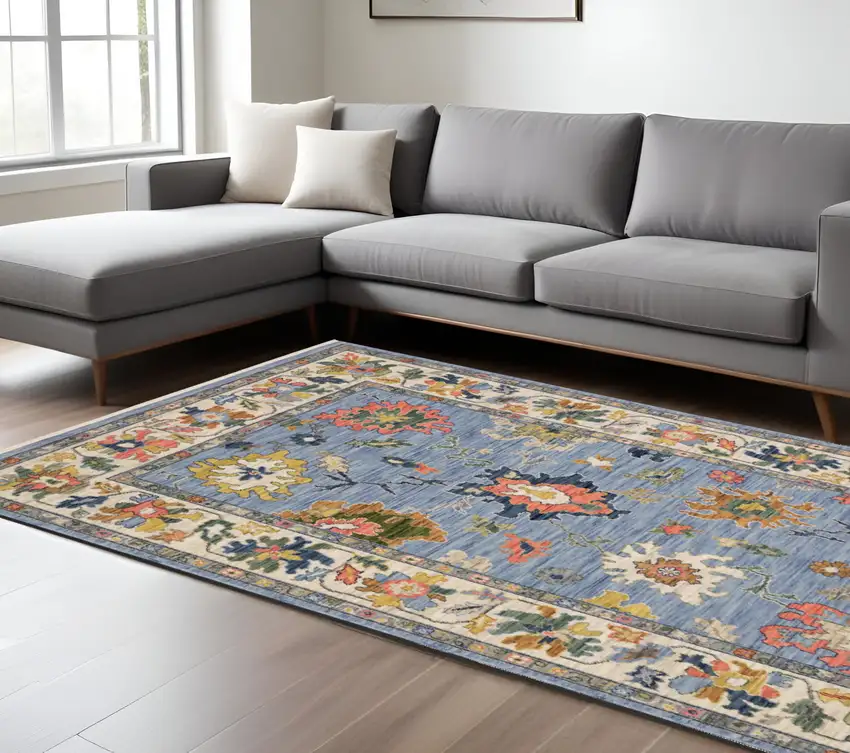Blue Ivory And Yellow Oriental Area Rug With Fringe Photo 1