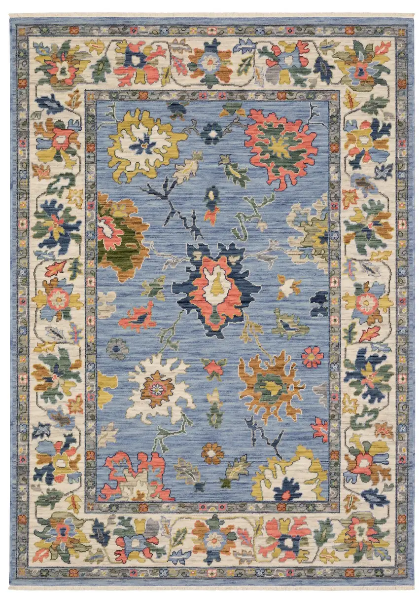Blue Ivory And Yellow Oriental Area Rug With Fringe Photo 2